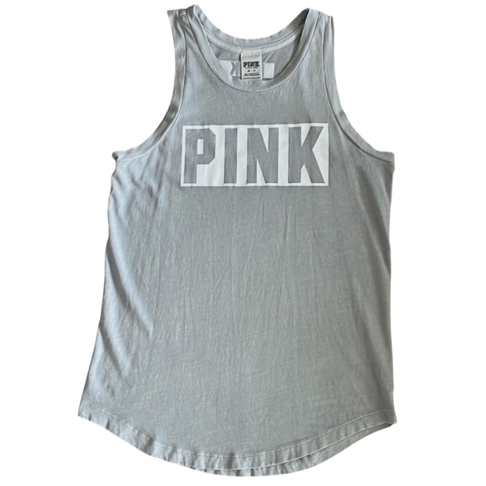 PINK Victoria’s Secret Logo Graphic Muscle Tee Tank Top Grey/White - Picture 2 of 9